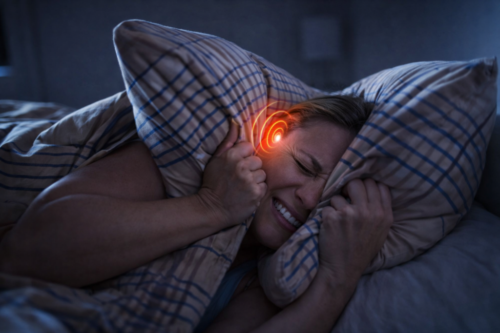 Person ligger søvnløs i sengen og presser hovedpuden mod ørerne på grund af tinnitus og vedvarende lyd i øret.